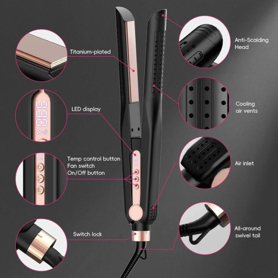 SKIMI Titanium Flat Iron & Curling Iron with Airflow Cooling, Dual Voltage, 5 Temperature Settings, Auto Shutoff - Black & Blush Gold Hair Styler for Professional Results