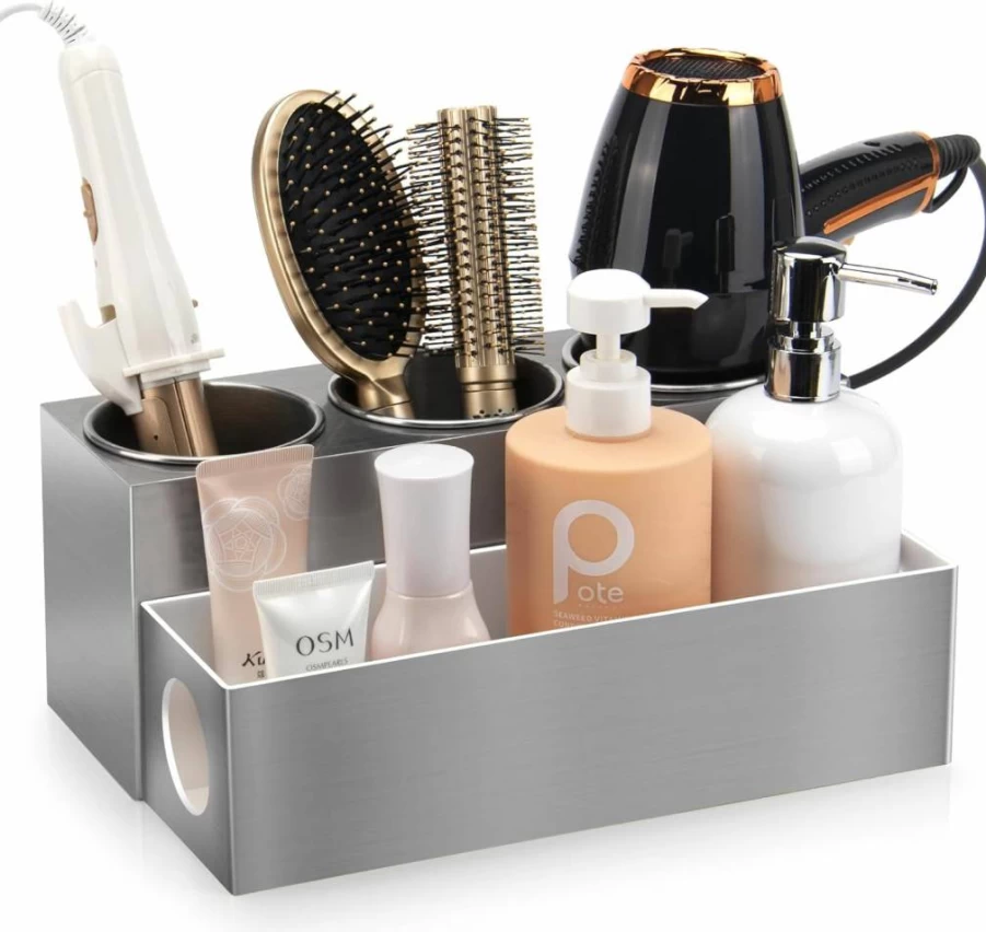 GFWARE White Hair Tool Organizer for Blow Dryer, Curling Iron & Flat Iron - Bathroom Vanity Storage with Heat Resistant Compartments, Stylish Hair Styling Accessories Holder