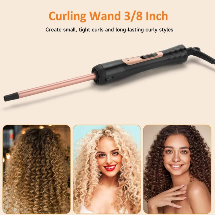 LXMtou 3/8 Inch Skinny Curling Wand - Tourmaline Ceramic Barrel for Tight Curls, Adjustable Temperature 350°F-410°F, Clampless Styler for Short & Long Hair