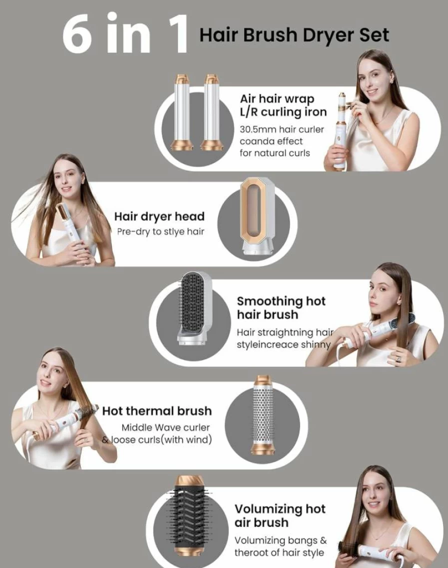 UKLISS 6-in-1 Ionic Hair Dryer Brush & Styler for Fast Drying, Curling, Straightening, Volumizing – AutoWrap Blow Dryer with Negative Ion Technology
