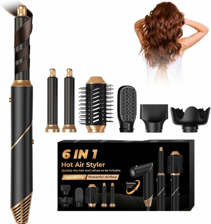 Yitrust 6-in-1 Ionic Hair Dryer Brush: Blow Dryer, Curling Iron & Volumizing Styler for Straight or Curly Hair with Diffuser Attachment