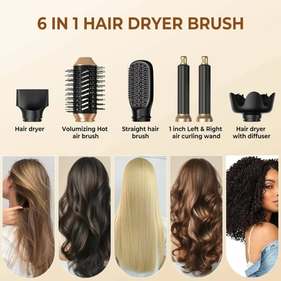 Yitrust 6-in-1 Ionic Hair Dryer Brush: Blow Dryer, Curling Iron & Volumizing Styler for Straight or Curly Hair with Diffuser Attachment