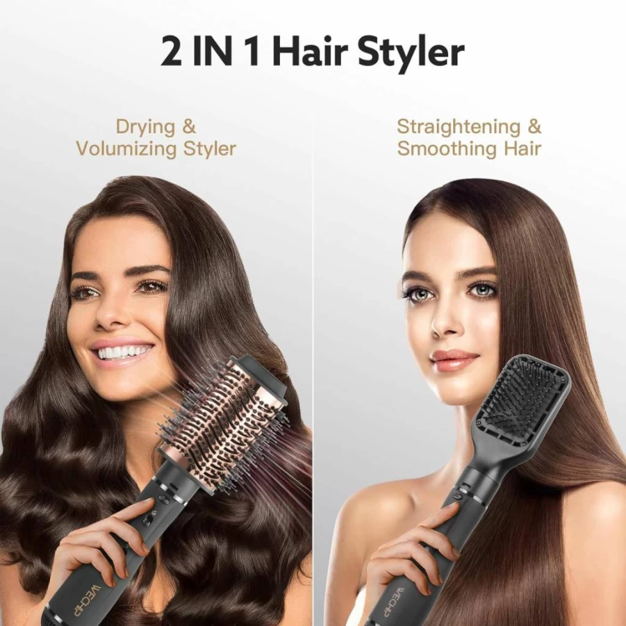 WeChip 2-in-1 Hot Air Brush & Hair Dryer with Ceramic Ionic Technology - 3 Heat Settings for Drying, Straightening, Curling Hair