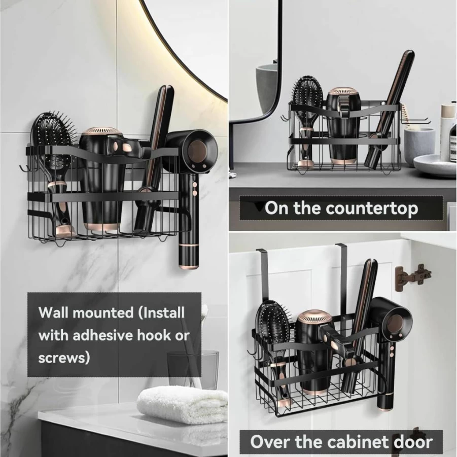 Dailyart 3-in-1 Metal Wall Mounted Hair Tool Organizer for Blow Dryer, Flat Iron & Curling Wand - Bathroom Storage Holder for Hot Tools