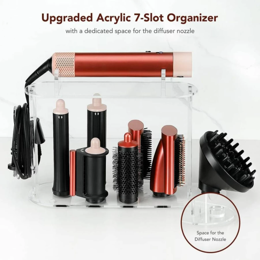 TOSAGE Acrylic Dyson Airwrap Holder - 7 Hole Organizer Stand for Long Barrels, Diffuser Nozzles & Styler Accessories, Countertop Storage for Bathroom Vanity & Makeup Table
