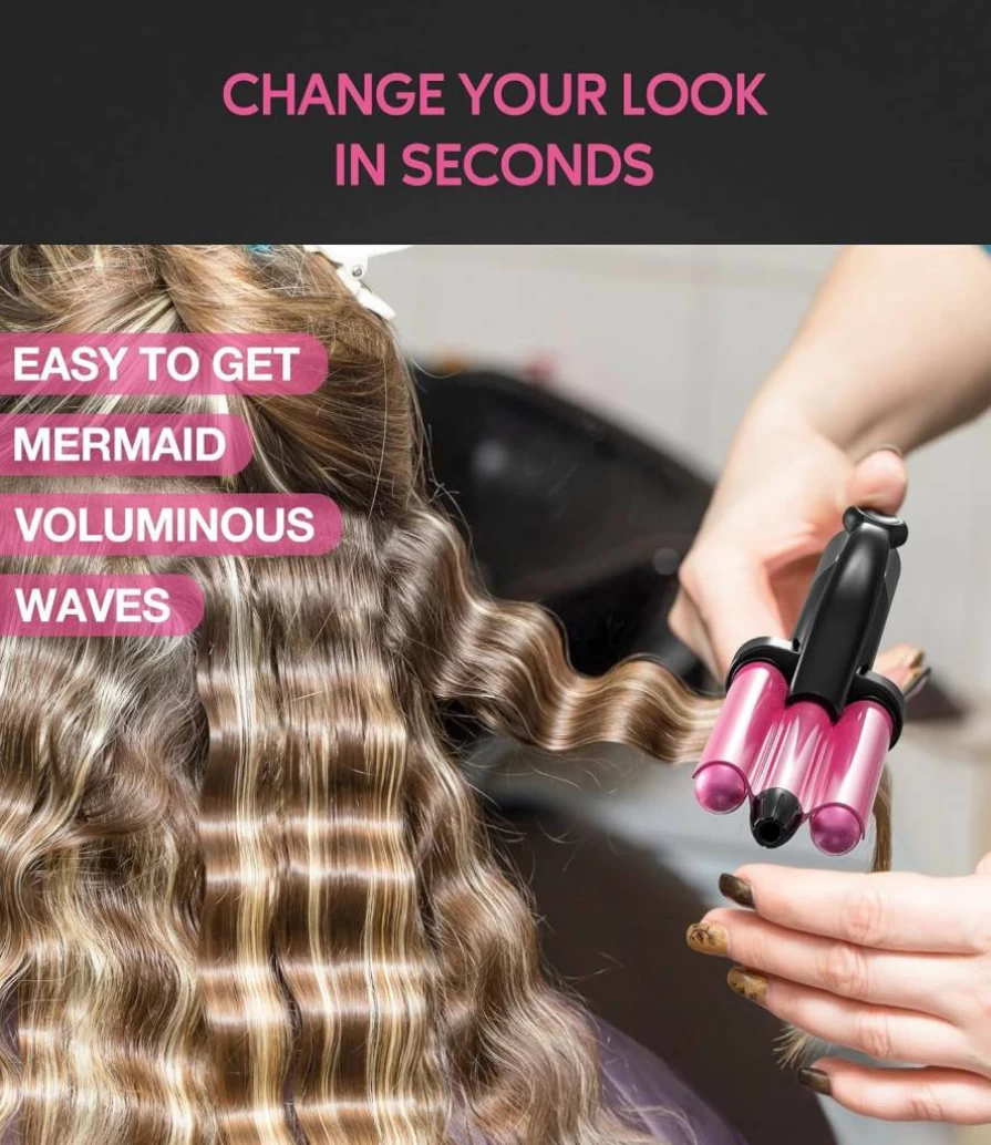 FARERY Mini Hair Crimper & Curling Iron - 3 Temp Adjustable, 3 Barrel Waver for Short to Long Hair, Dual Voltage Travel Styler with Pouch for Beach Waves (1/2 Inch Compact Design)