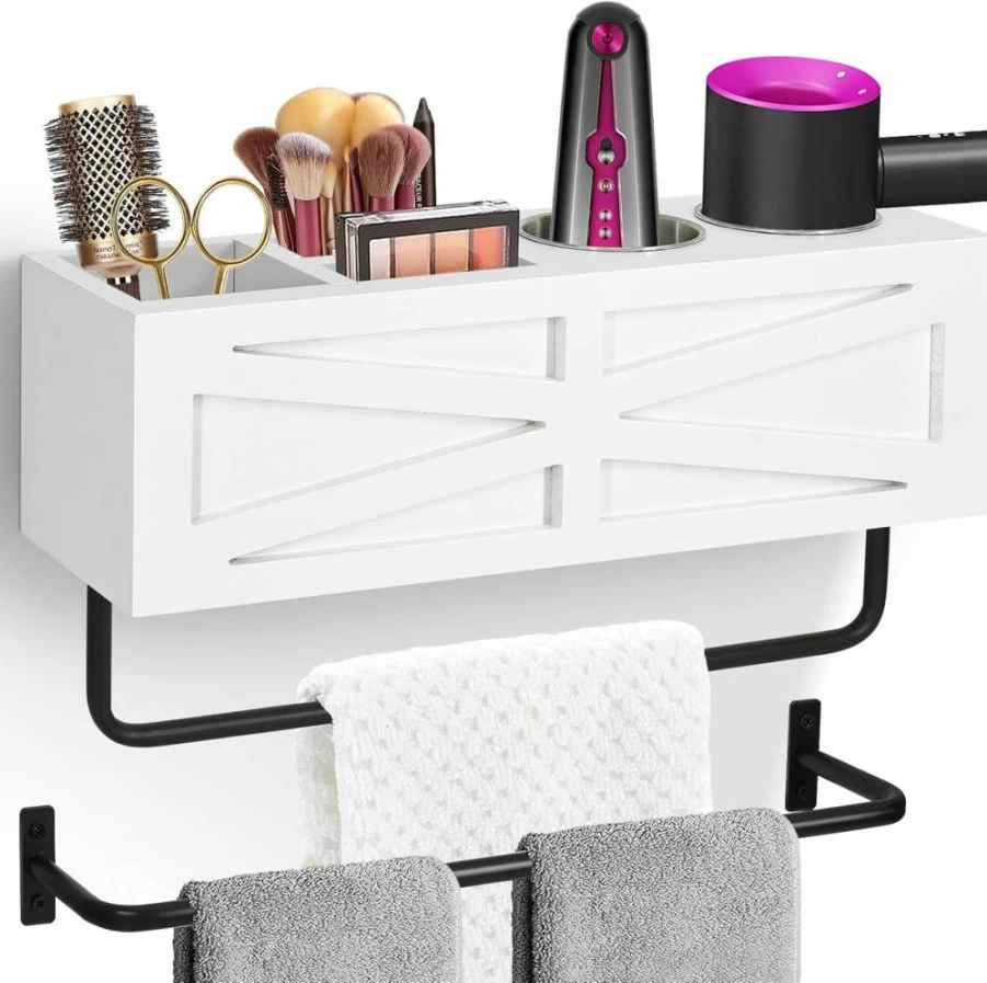 Y&ME YM Wall Mounted Hair Dryer Holder - Rustic Wooden Bathroom Organizer with 2 Towel Bars for Blow Dryer, Flat Iron, Curling Wand & Brushes, White Hot Tools Storage Solution