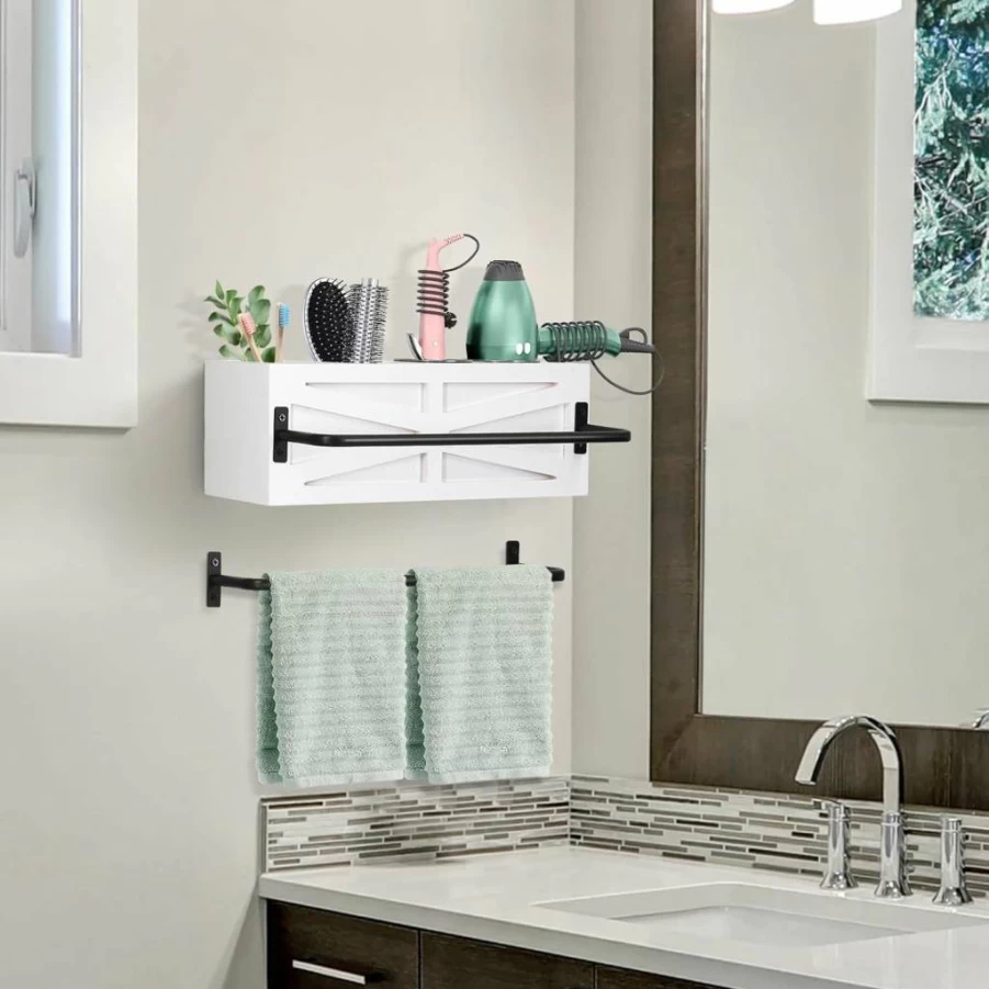 Y&ME YM Wall Mounted Hair Dryer Holder - Rustic Wooden Bathroom Organizer with 2 Towel Bars for Blow Dryer, Flat Iron, Curling Wand & Brushes, White Hot Tools Storage Solution