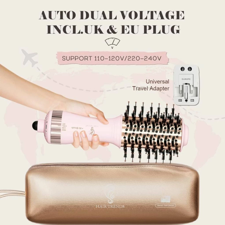Hair Trends Nano Titanium Dual Voltage Travel Hair Dryer Brush - 2-Inch Oval Styler & Volumizer for European Use