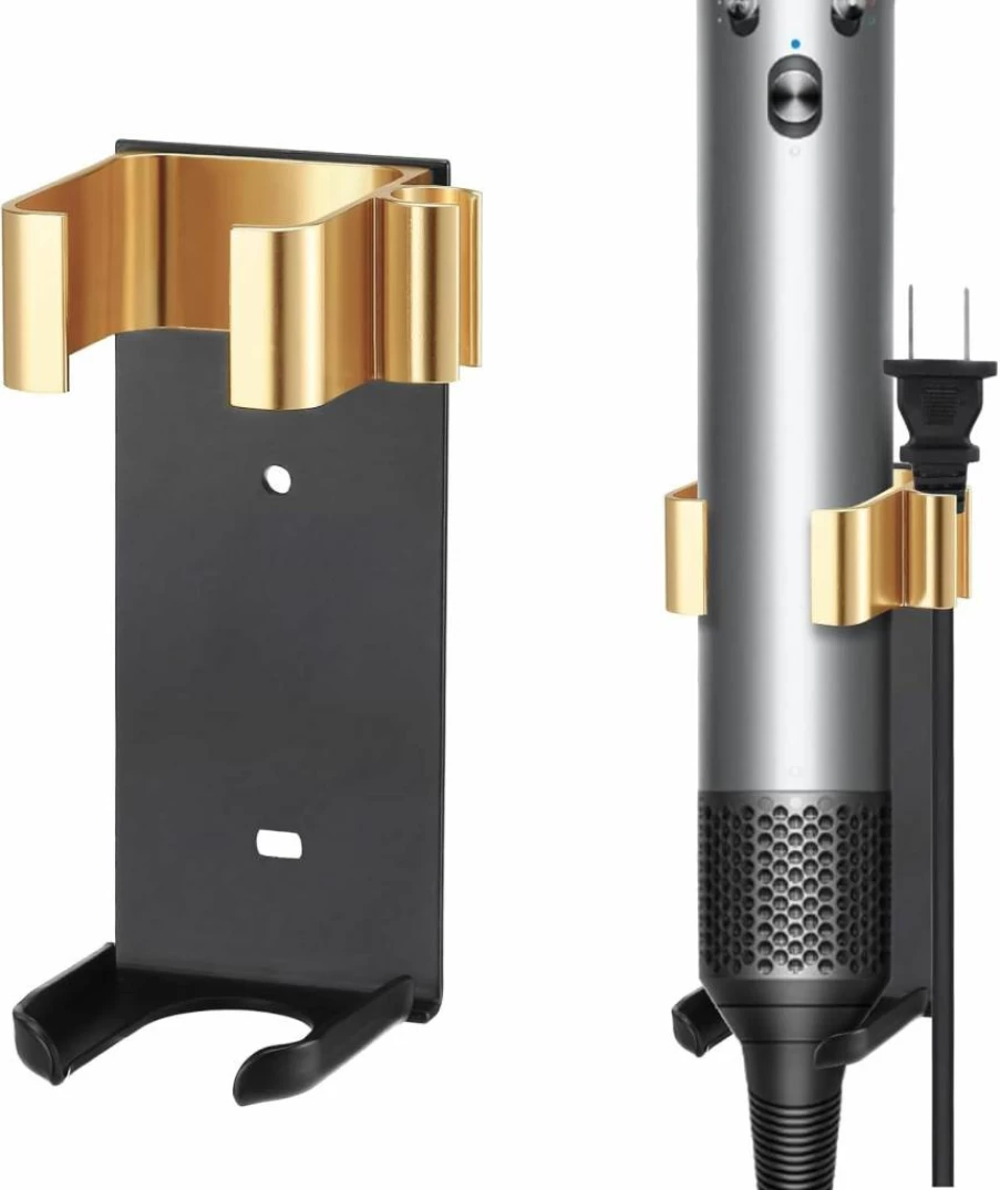 Moqing Wall Mount Hair Tool Holder - No Drill Adhesive Storage Rack for Curling Irons, Straighteners & Styling Accessories, Black & Gold Aluminum Alloy Design