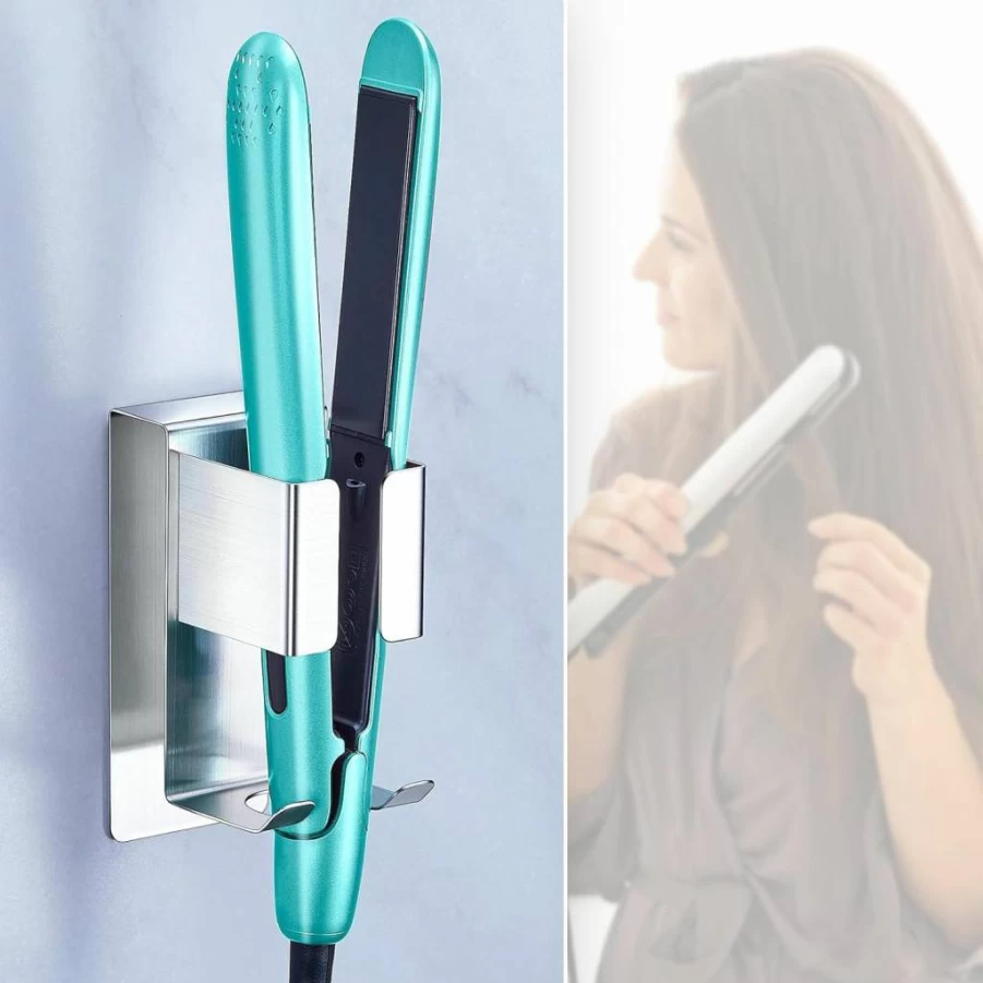 Oukimly Stainless Steel Hair Tool Holder Wall Mount - Adhesive Blow Dryer, Curling Iron & Straightener Organizer for Bathroom Vanity Storage