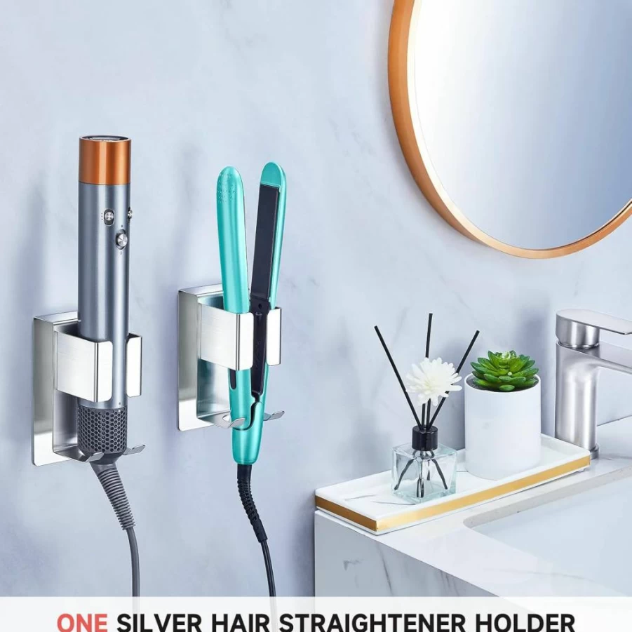 Oukimly Stainless Steel Hair Tool Holder Wall Mount - Adhesive Blow Dryer, Curling Iron & Straightener Organizer for Bathroom Vanity Storage