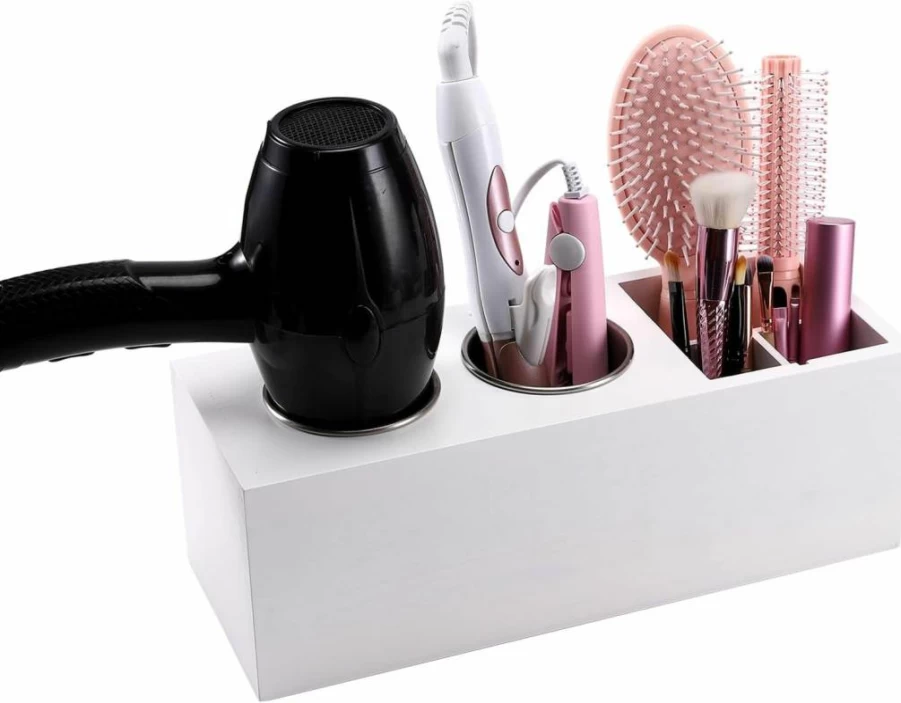 RAIKEDR Cedar Wood Blow Dryer Holder - Wall Mount & Countertop Hair Tool Organizer for Bathroom, Cabinet Door Storage for Hair Dryer and Curling Iron (Black)