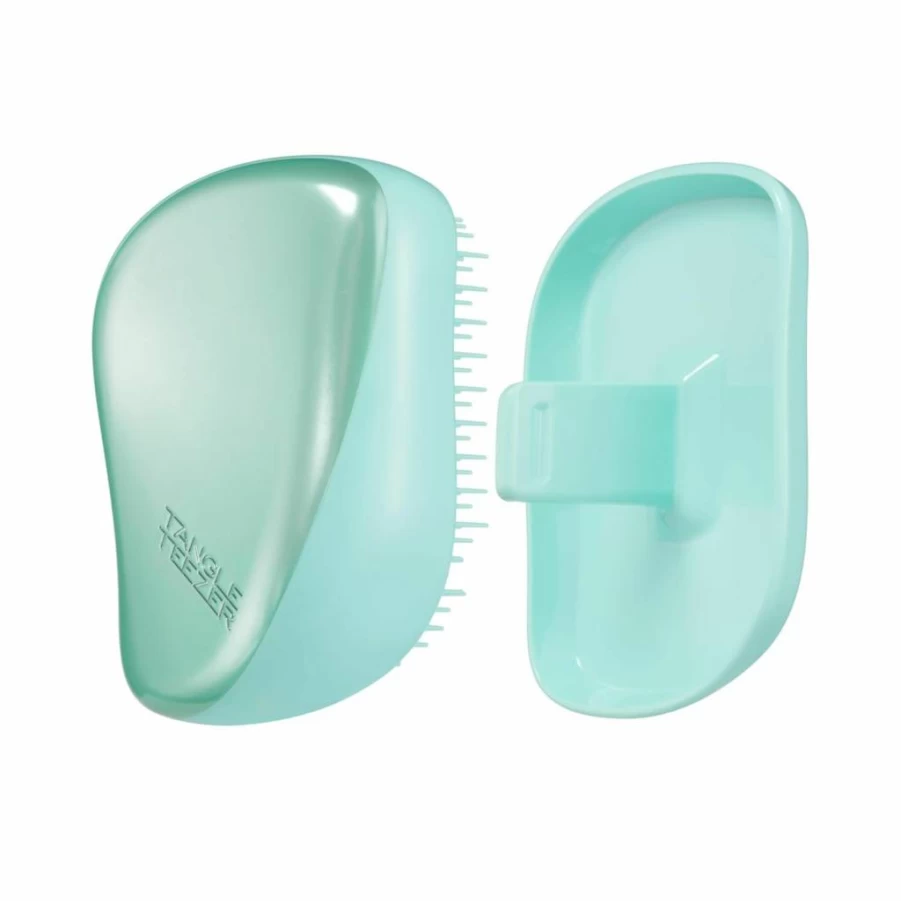 TANGLE TEEZER Compact Detangling Hairbrush for Wet & Dry Hair - Travel-Friendly with Protective Cover, Two-Tiered Teeth Design, Teal Matte Chrome, Fights Flyaways