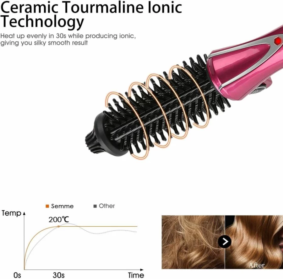 Semme Professional Anti-Scald Curling Iron Brush with Instant Heat, 110-240V USB Plug, for Long & Short Hair – Hot Air Styler & Curling Wand