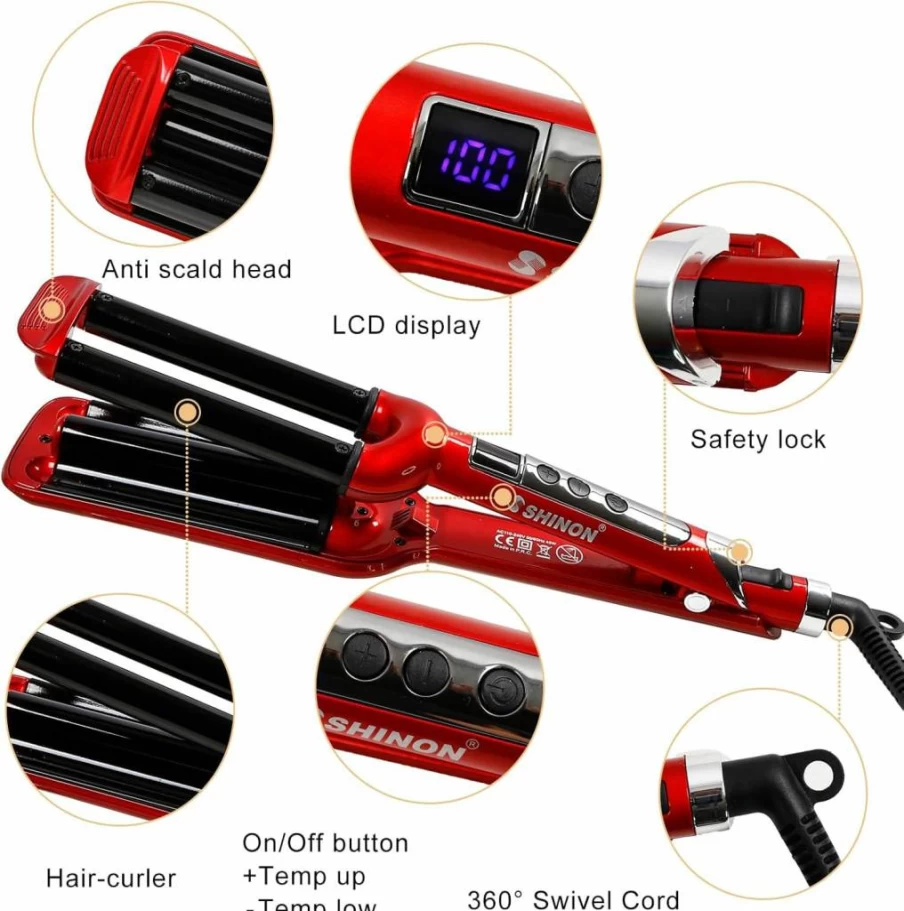Mannice Professional 3 Barrel Ceramic Hair Crimper Iron - 0.6 Inch/16mm Waver for Instant Curls & Waves, Gold & White Styling Tool for Women, Valentines Day Gift