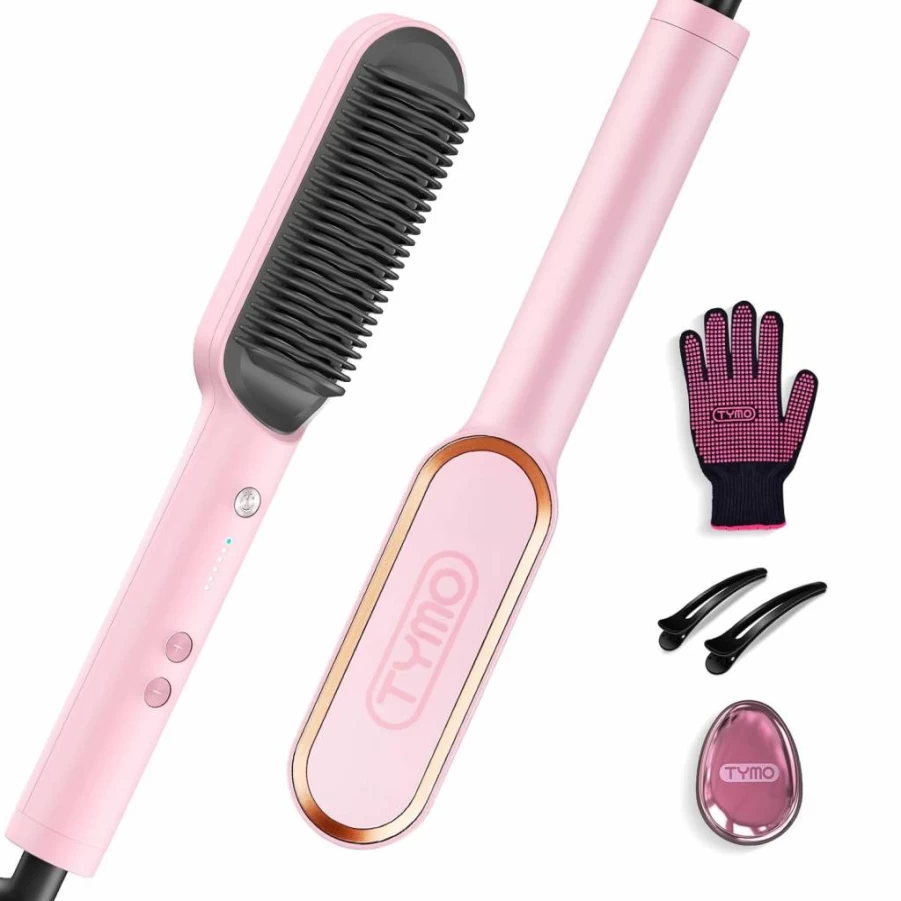 TYMO Ring Hair Straightener Brush - 5 Temperature Settings, 20S Fast Heating, Dual Voltage Styling Comb for Women, Black
