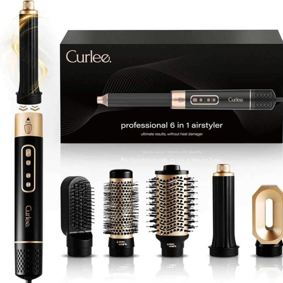Curlee 1200W Hair Dryer Brush & Styler - 6-in-1 Blow Dryer with Curling Iron for Smoothing, Volumizing & Enhancing Curls, Includes Storage Box (Black)
