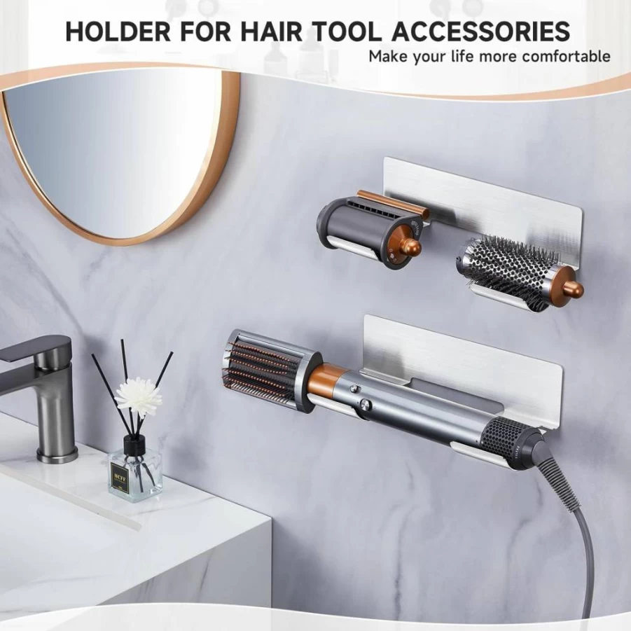 Oukimly Stainless Steel Hair Tool Organizer Wall Mount - Adhesive Holder for Hair Dryer, Curling Iron, Straightener & Styler Accessories