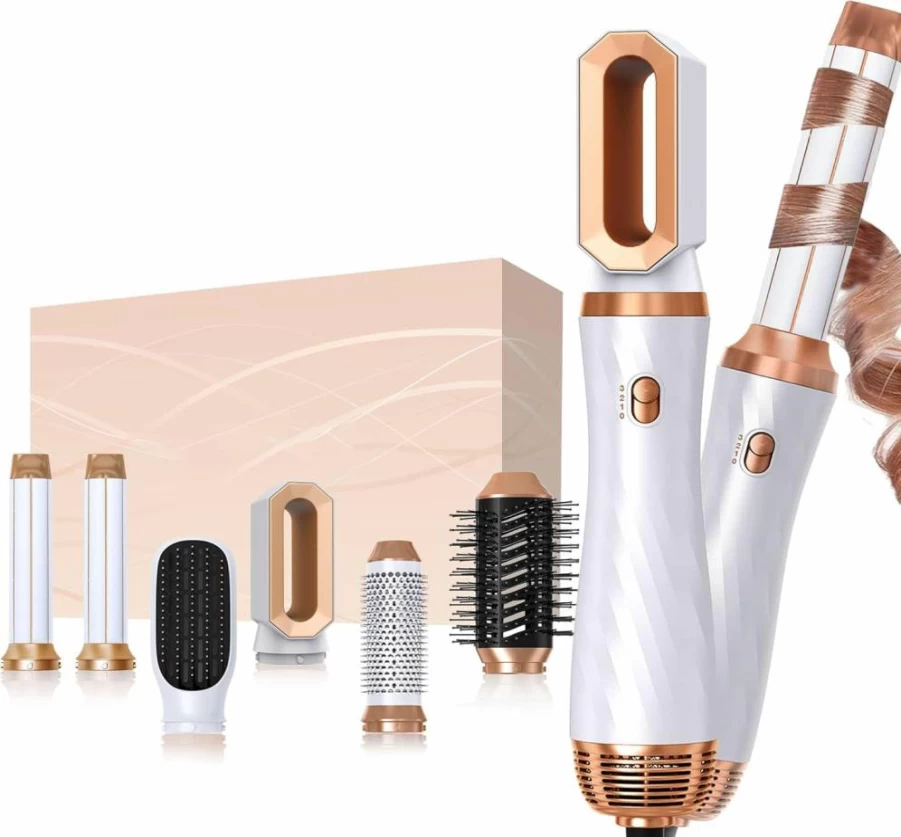 Yitrust 6-in-1 Blow Dryer Brush with Detachable Nozzles, Negative Ion Hair Styler for Curly & Straight Hair, Travel-Friendly Hot Air Curler & Volumizer