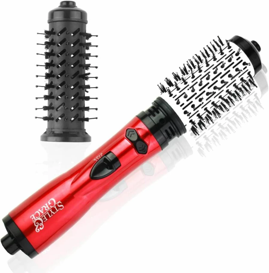 SMY 2-in-1 Rotating Hot Air Brush & Hair Dryer for Curly Waves, Salon-Qualty Styler with Ionic Technology, Home Hair Care Tool (Red)