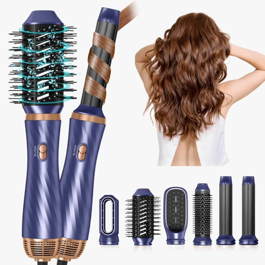 Trylater 6-in-1 Detachable Blow Dryer Brush with Negative Ion Technology, Hot Air Styler & Curling Iron for Travel-Friendly Hair Styling