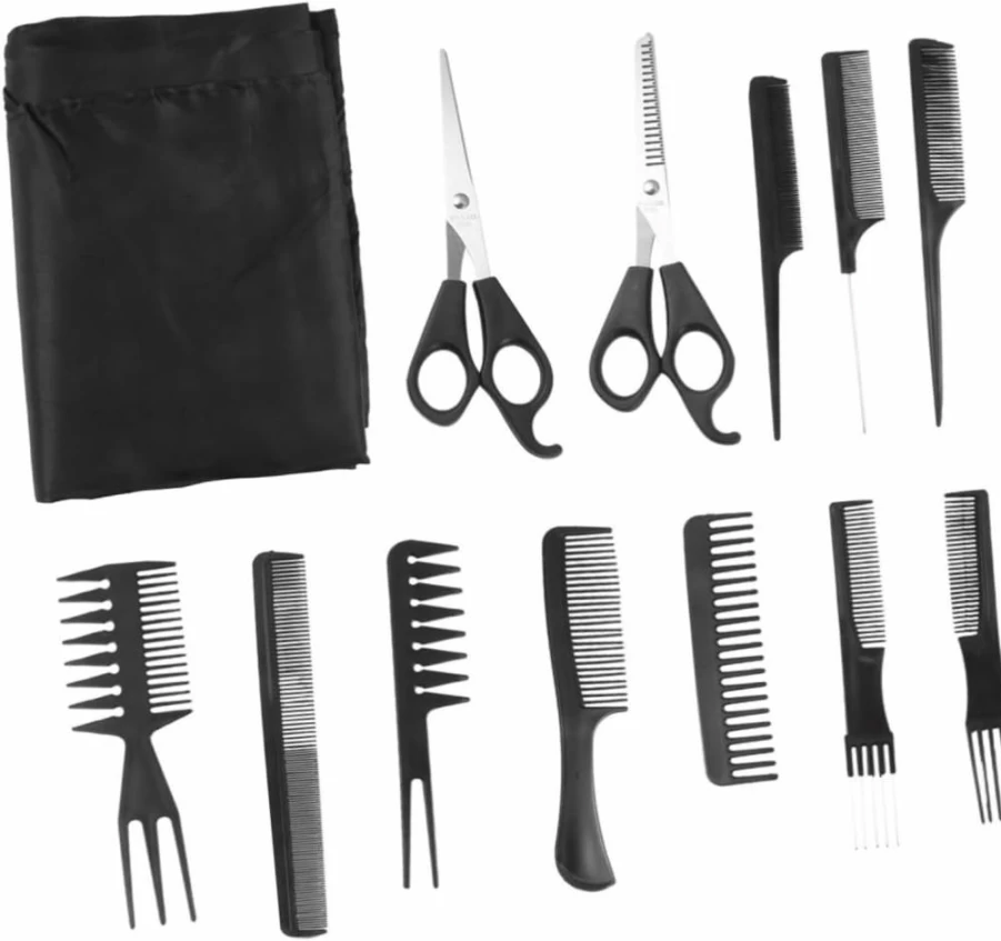WOONEKY 11-Piece Professional Hair Cutting Scissors Kit for Men & Women - Salon-Grade Styling Comb, Hairdressing Brush, Hair Dye Tools & Black Haircut Accessories Set