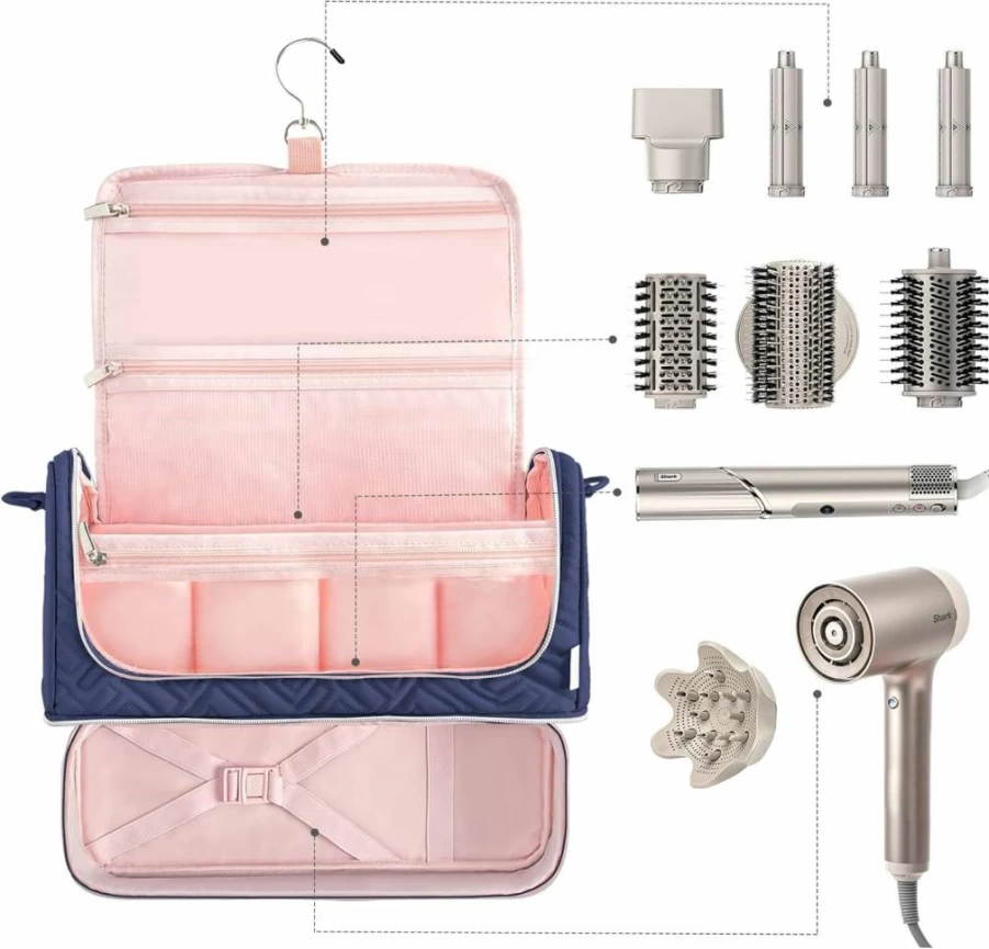 Leudes Large Blue Travel Carrying Case for Dyson Airwrap & Flexstyle – Hair Styler Organizer with Hanging Hook, Attachment Storage Bag