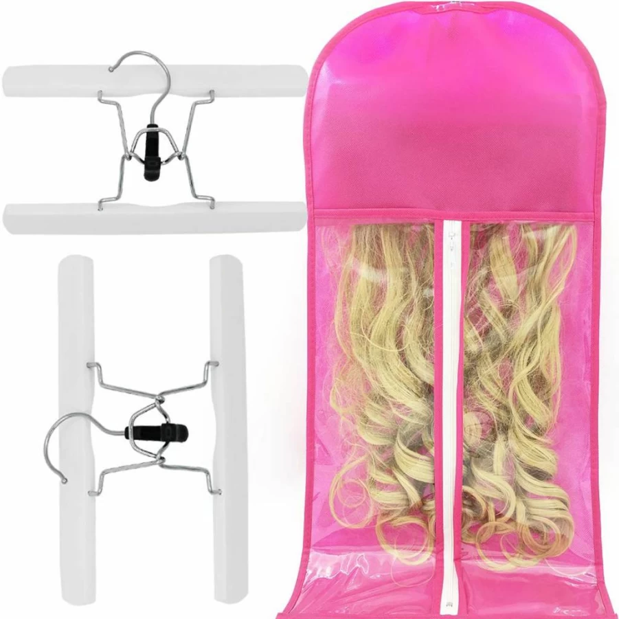 HBEDU Pink Hair Extension Storage Bag with Transparent Zip - Lightweight, Waterproof, Dust-Proof Hanging Organizer Case for Hair Accessories