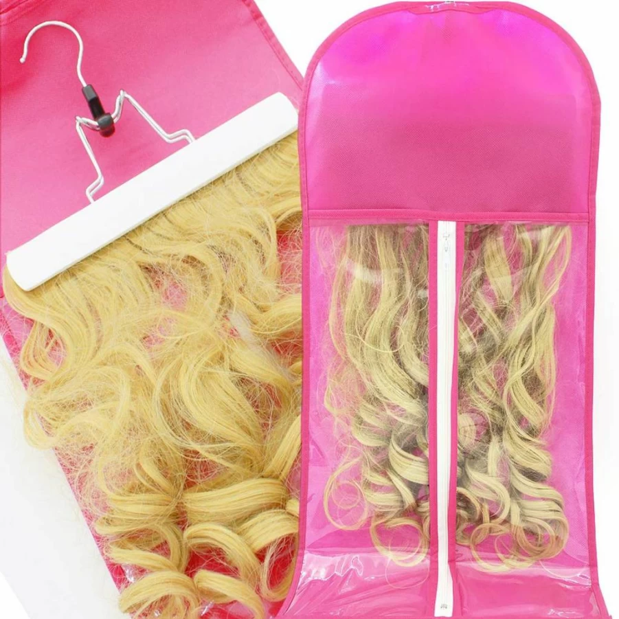 HBEDU Pink Hair Extension Storage Bag with Transparent Zip - Lightweight, Waterproof, Dust-Proof Hanging Organizer Case for Hair Accessories