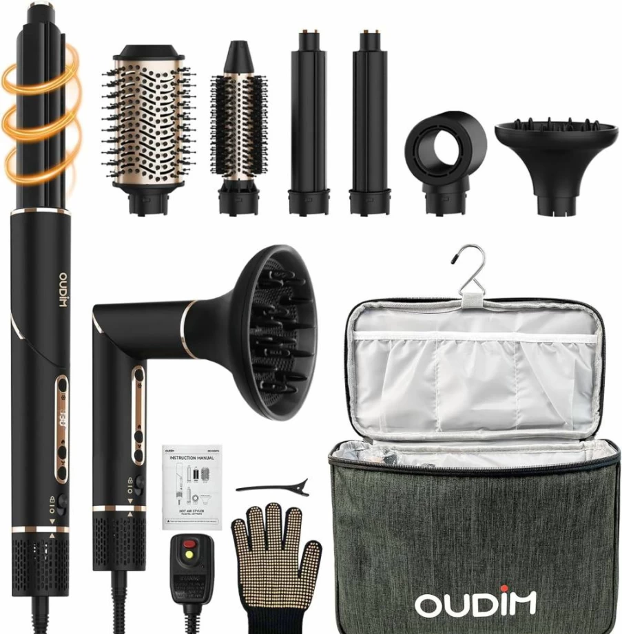 Oudim 6-in-1 Hot Air Brush with Interchangeable Nozzles, Negative Ion Hair Styler & Blow Dryer, 110000 RPM Brushless Motor, Fast Drying, Includes Storage Bag