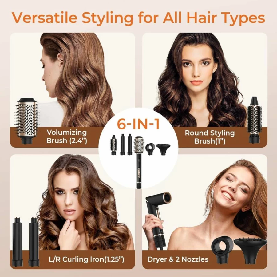 Oudim 6-in-1 Hot Air Brush with Interchangeable Nozzles, Negative Ion Hair Styler & Blow Dryer, 110000 RPM Brushless Motor, Fast Drying, Includes Storage Bag