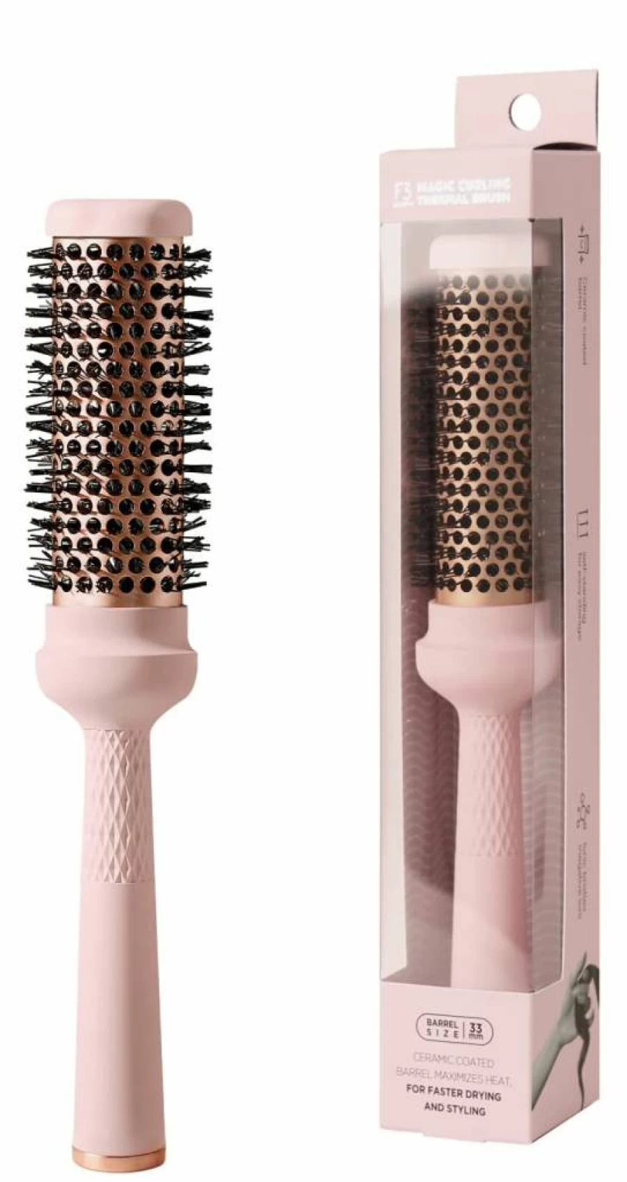 F3 Systems Magic Curling Thermal Brush - 1.7 Inch Ceramic Ionic Styler for Fast Blowout, Voluminous Waves & Heat Protection, Self-Standing Quick Styling Brush