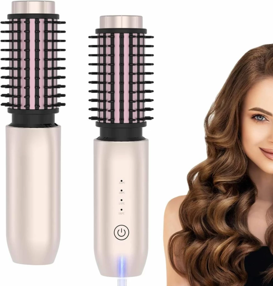Liufige Cordless Curling Iron Brush - Rechargeable 7000mAh Hair Styler with 4 Temperature Settings, Salon-Worthy Waves & Volume, Rose Gold Portable Hot Brush for All Hair Types, Travel-Friendly