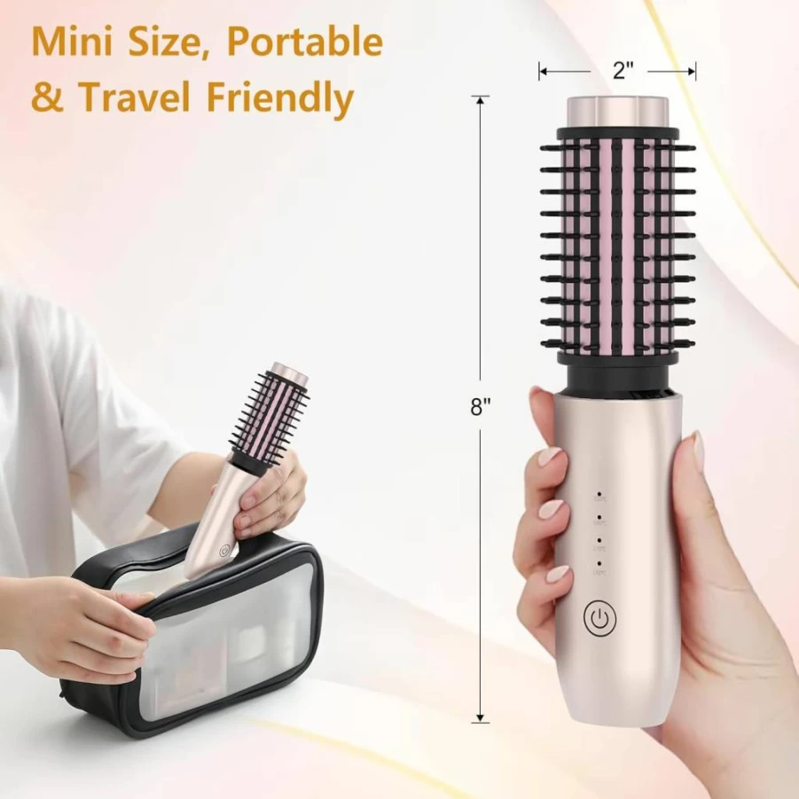 Liufige Cordless Curling Iron Brush - Rechargeable 7000mAh Hair Styler with 4 Temperature Settings, Salon-Worthy Waves & Volume, Rose Gold Portable Hot Brush for All Hair Types, Travel-Friendly