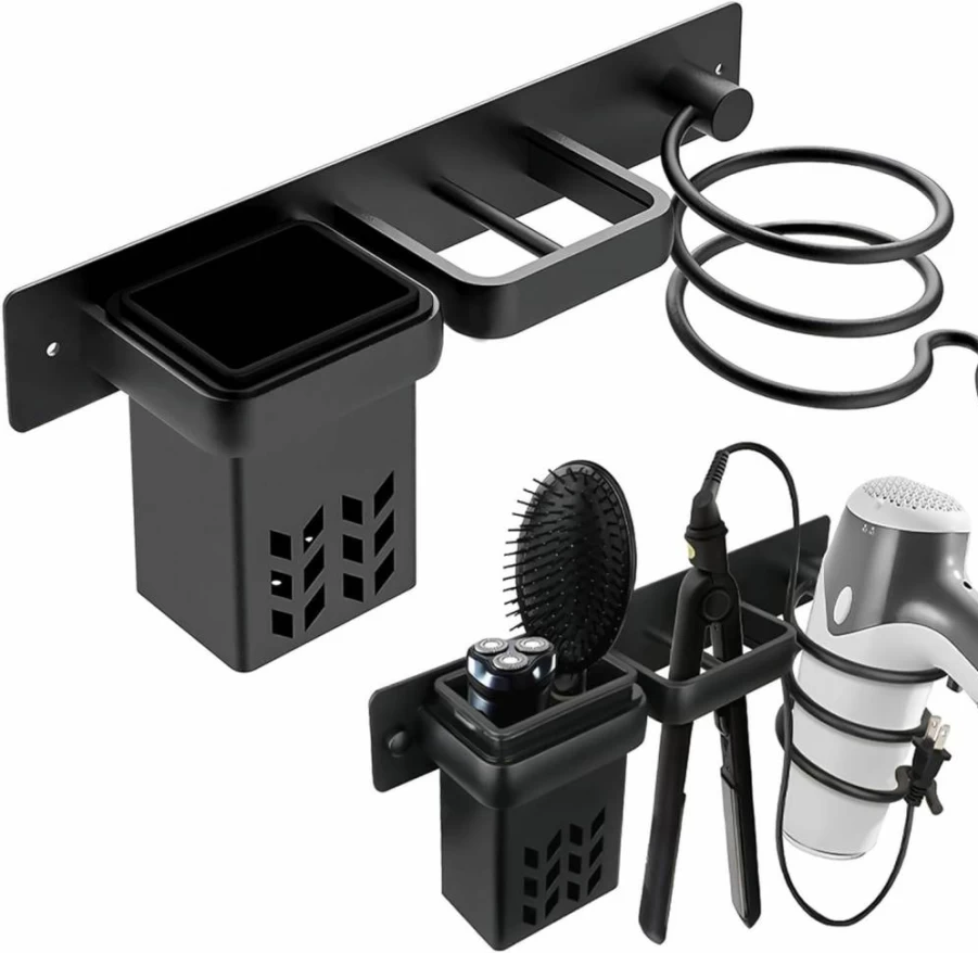 TIE-DailyNec Wall Mounted Hair Dryer Holder - Blow Dryer Storage Rack for Bathroom & Bedroom, Organizer for Flat Iron, Curling Wand, Hair Straightener - Black Beauty Tool Organizer