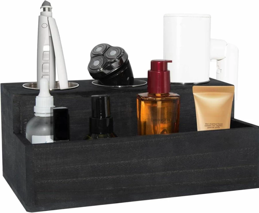 RJMKD Rustic Black Wooden Hair Dryer Holder - 3 Hole Bathroom Vanity Organizer for Hair Tools & Accessories, Countertop Storage Solution