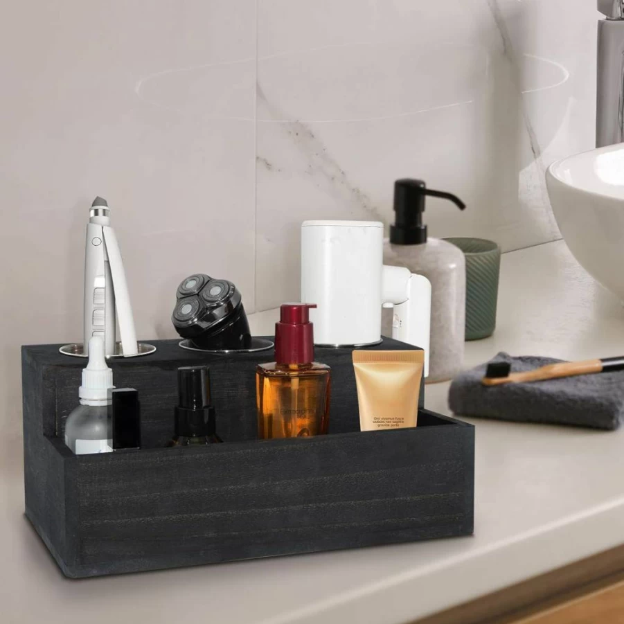 RJMKD Rustic Black Wooden Hair Dryer Holder - 3 Hole Bathroom Vanity Organizer for Hair Tools & Accessories, Countertop Storage Solution