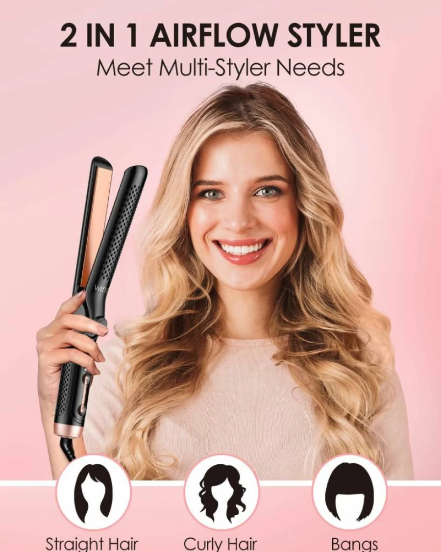 WEEYUM 1 Inch Airflow Styler: Dual Voltage Travel Hair Straightener & Curler with Extra Long Ceramic Plates for All Hair Types