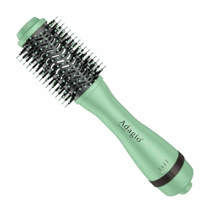 Adagio California 2-In-1 Hot Air Brush Styler & Dryer - Negative Ion Round Hair Dryer Brush with Straightener, 2-Inch Seafoam Green, Styling Tool for Women