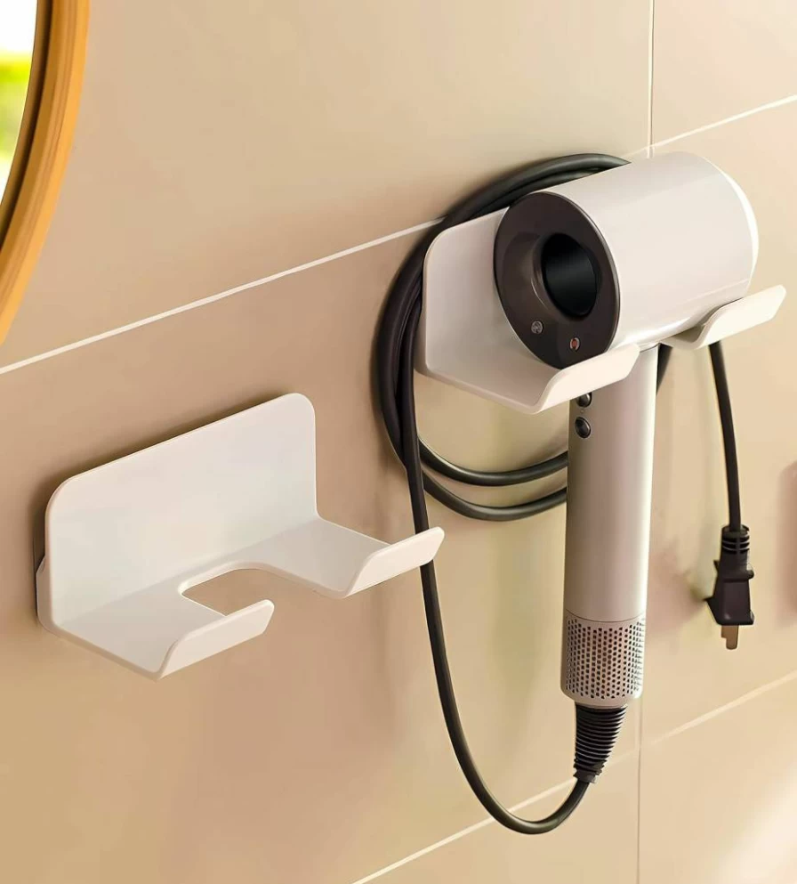 SUPTEC Universal Hair Dryer Holder Wall Mount - Self Adhesive Blow Dryer Hanger with Plug & Cord Organizer for Bathroom, Cabinet (1 Pack, White)