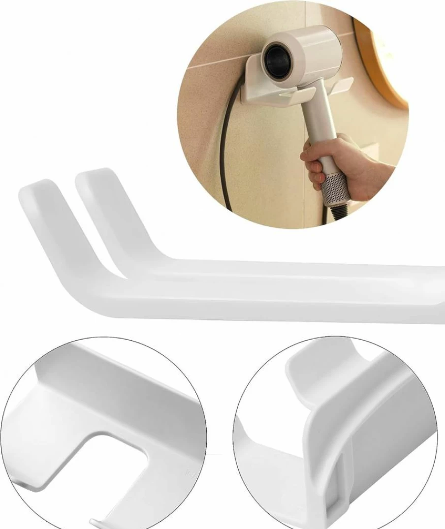 SUPTEC Universal Hair Dryer Holder Wall Mount - Self Adhesive Blow Dryer Hanger with Plug & Cord Organizer for Bathroom, Cabinet (1 Pack, White)