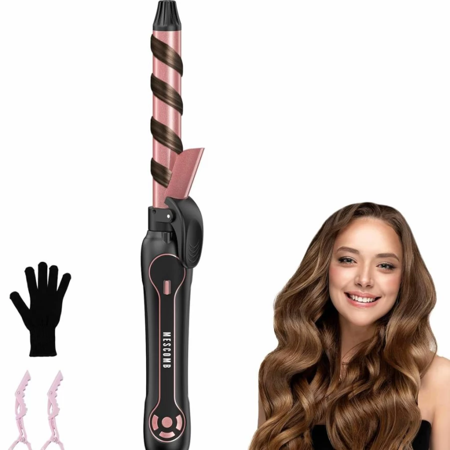 MESCOMB Dual Voltage Rotating Curling Iron Wand - Auto Spin for Beach Waves, Tight Curls, No Heat Damage, 100-240V Travel Friendly, Salon & Home Use for All Hair Types