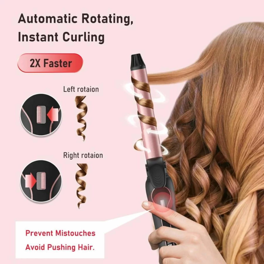 MESCOMB Dual Voltage Rotating Curling Iron Wand - Auto Spin for Beach Waves, Tight Curls, No Heat Damage, 100-240V Travel Friendly, Salon & Home Use for All Hair Types