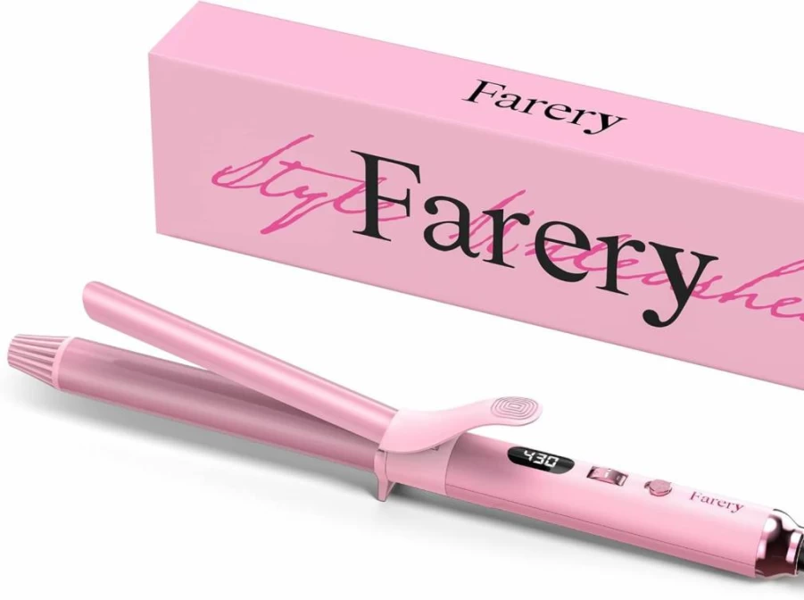FARERY 1.25 Inch Long Barrel Curling Iron for Thin Hair with Argan Oil & Keratin, 11 Adjustable Temperature Settings, Includes Clips & Silicone Pad - Pink