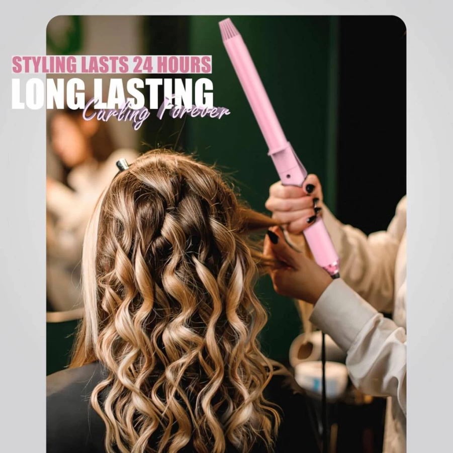 FARERY 1.25 Inch Long Barrel Curling Iron for Thin Hair with Argan Oil & Keratin, 11 Adjustable Temperature Settings, Includes Clips & Silicone Pad - Pink