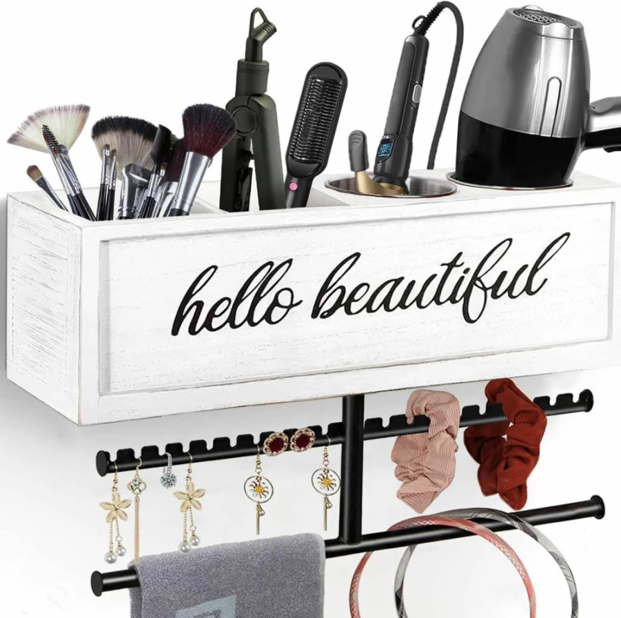 Ronjnndc Wall Mounted Hair Dryer Holder - Rustic Bathroom Organizer for Blow Dryer, Flat Iron, Curling Iron & Towel Storage, Hair Styling Tools Caddy