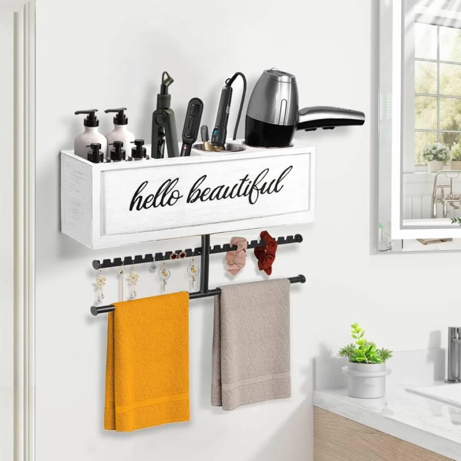 Ronjnndc Wall Mounted Hair Dryer Holder - Rustic Bathroom Organizer for Blow Dryer, Flat Iron, Curling Iron & Towel Storage, Hair Styling Tools Caddy