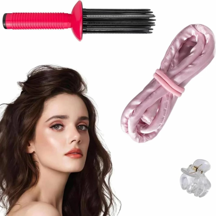 Neuvikter Heatless Curling Headband Set - 3PCS Silk Hair Rollers, Clips & Scrunchie for Overnight Curls, No Heat Styler for Long & Curly Hair (Light Pink)