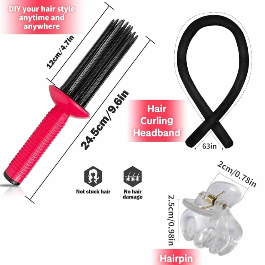 Neuvikter Heatless Curling Headband Set - 3PCS Silk Hair Rollers, Clips & Scrunchie for Overnight Curls, No Heat Styler for Long & Curly Hair (Light Pink)